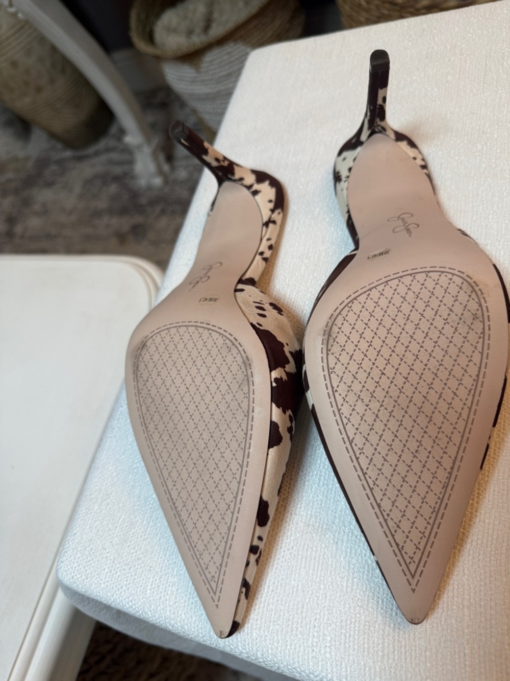Jessica Simpson Brown & Cream Cow Print Pointed Mules - Picture 2 of 3